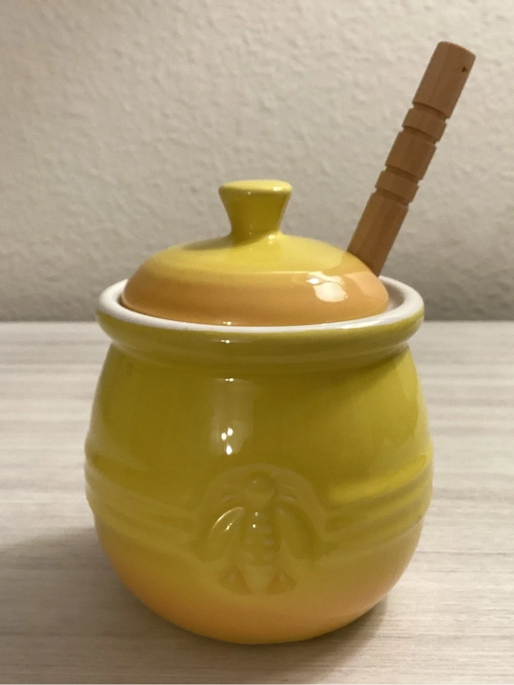 Creative Co-Op Embossed Stoneware Honey Pot with Wood Honey Dipper - NWOT